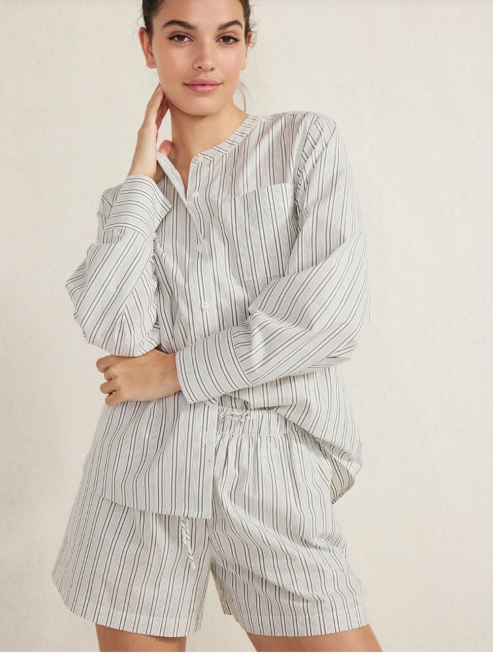 Boyfriend-Style Striped Button-up Shirt - White/Grey